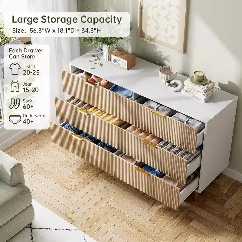 COZONY Commode 6 tiroirs avec poignées dorées, meuble de rangement moderne en bois, grande commode pour chambre à coucher et salon