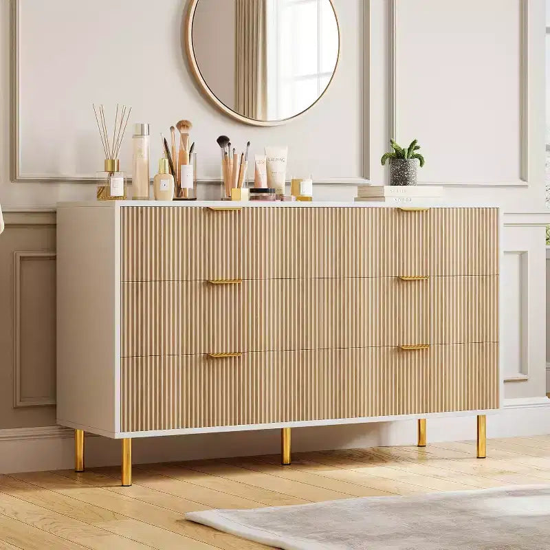 COZONY Commode 6 tiroirs avec poignées dorées, meuble de rangement moderne en bois, grande commode pour chambre à coucher et salon