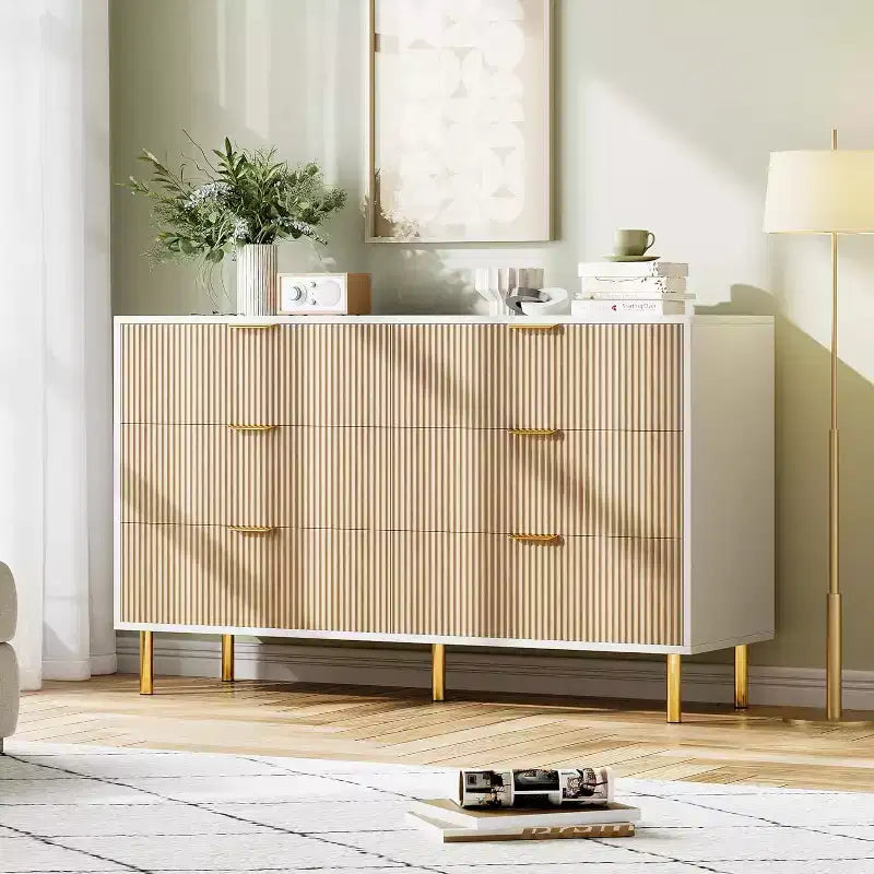 COZONY Commode 6 tiroirs avec poignées dorées, meuble de rangement moderne en bois, grande commode pour chambre à coucher et salon