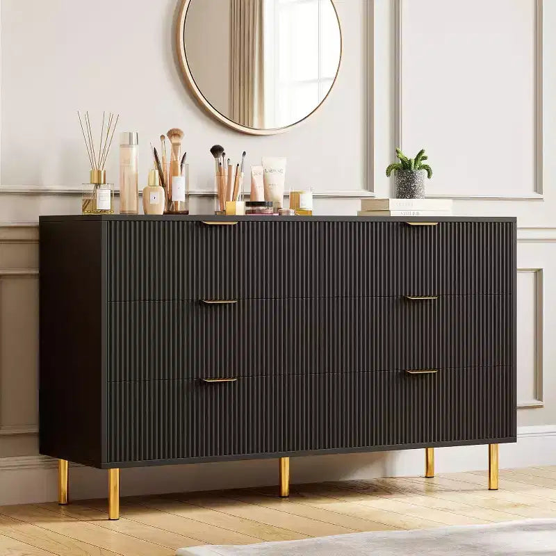 COZONY Commode 6 tiroirs avec poignées dorées, meuble de rangement moderne en bois, grande commode pour chambre à coucher et salon