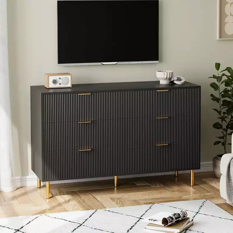 COZONY Commode 6 tiroirs avec poignées dorées, meuble de rangement moderne en bois, grande commode pour chambre à coucher et salon