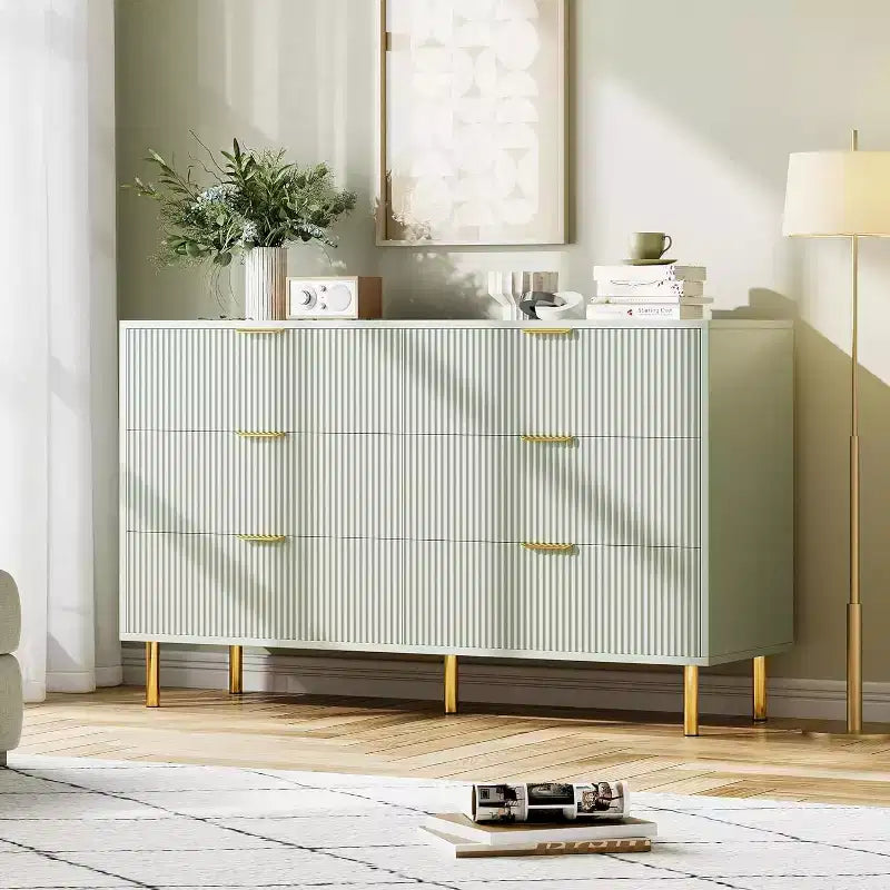 COZONY Commode 6 tiroirs avec poignées dorées, meuble de rangement moderne en bois, grande commode pour chambre à coucher et salon
