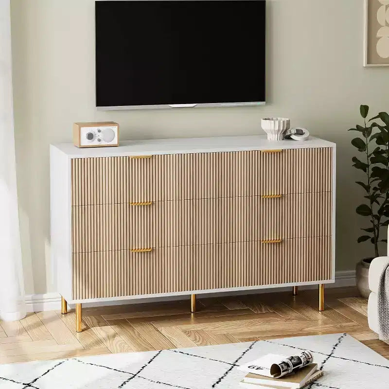 COZONY Commode 6 tiroirs avec poignées dorées, meuble de rangement moderne en bois, grande commode pour chambre à coucher et salon