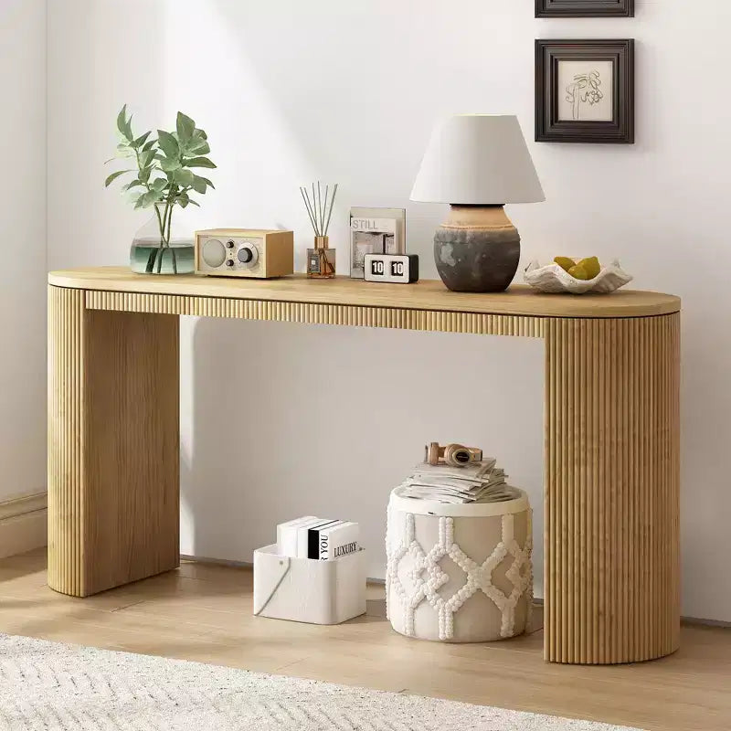Table Console Moderne Okak avec Pieds Courbés, Table d'Entrée à Rayures Verticales avec Plateau Épais, Table Console Étroite pour Salon, Entrée