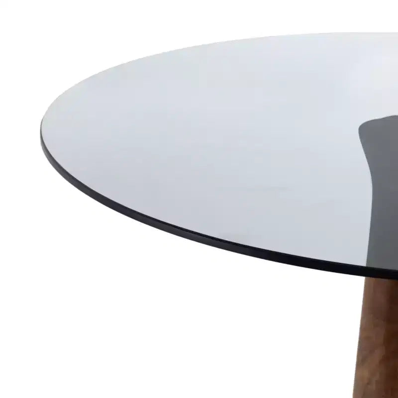 Table d'appoint élégante avec plateau en verre et piédestal en bois pour le salon - Table d'appoint étroite sculpturale pour l'entrée - 21, Brun et transparent