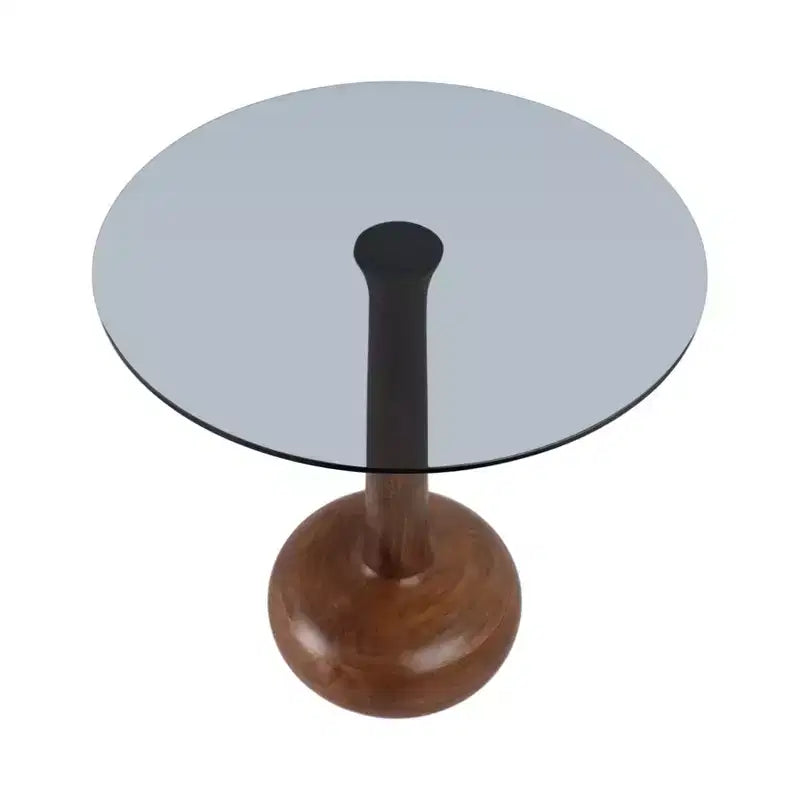 Table d'appoint élégante avec plateau en verre et piédestal en bois pour le salon - Table d'appoint étroite sculpturale pour l'entrée - 21, Brun et transparent
