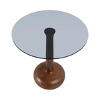 Table d'appoint élégante avec plateau en verre et piédestal en bois pour le salon - Table d'appoint étroite sculpturale pour l'entrée - 21, Brun et transparent