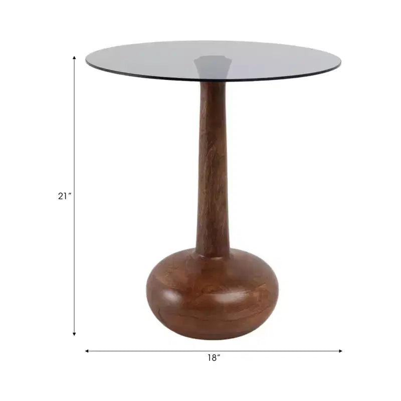 Table d'appoint élégante avec plateau en verre et piédestal en bois pour le salon - Table d'appoint étroite sculpturale pour l'entrée - 21, Brun et transparent