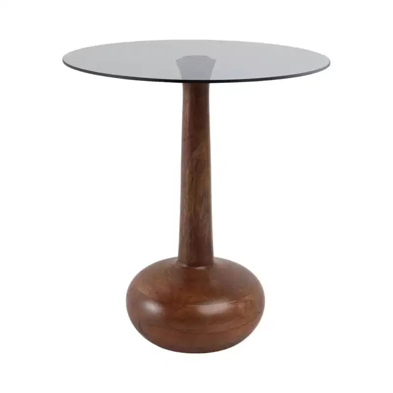 Table d'appoint élégante avec plateau en verre et piédestal en bois pour le salon - Table d'appoint étroite sculpturale pour l'entrée - 21, Brun et transparent