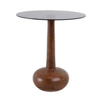 Table d'appoint élégante avec plateau en verre et piédestal en bois pour le salon - Table d'appoint étroite sculpturale pour l'entrée - 21, Brun et transparent