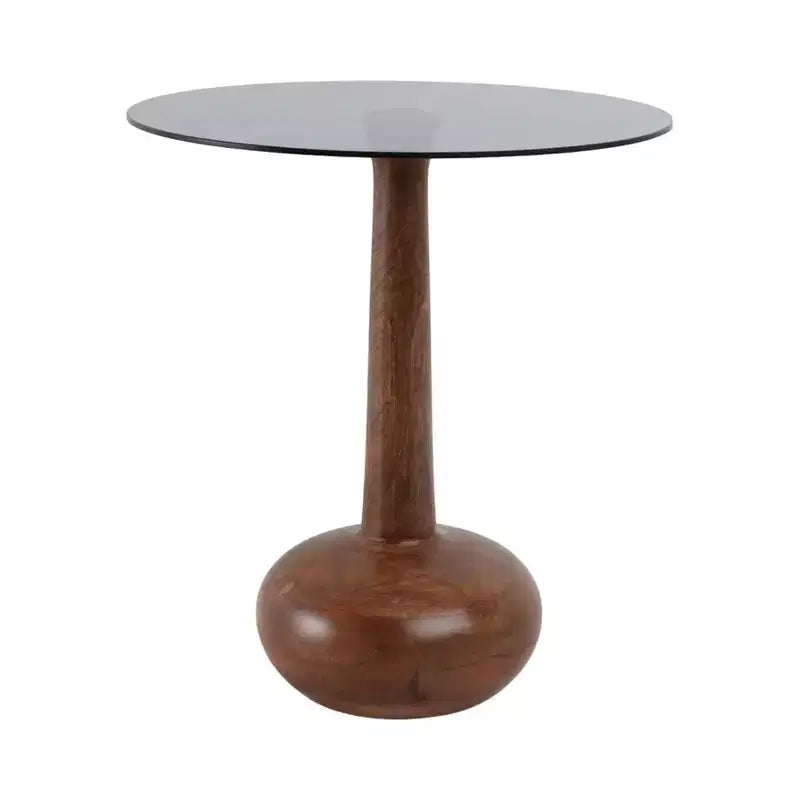 Table d'appoint élégante avec plateau en verre et piédestal en bois pour le salon - Table d'appoint étroite sculpturale pour l'entrée - 21, Brun et transparent