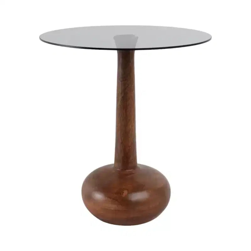 Table d'appoint élégante avec plateau en verre et piédestal en bois pour le salon - Table d'appoint étroite sculpturale pour l'entrée - 21, Brun et transparent