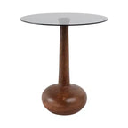 Table d'appoint élégante avec plateau en verre et piédestal en bois pour le salon - Table d'appoint étroite sculpturale pour l'entrée - 21, Brun et transparent