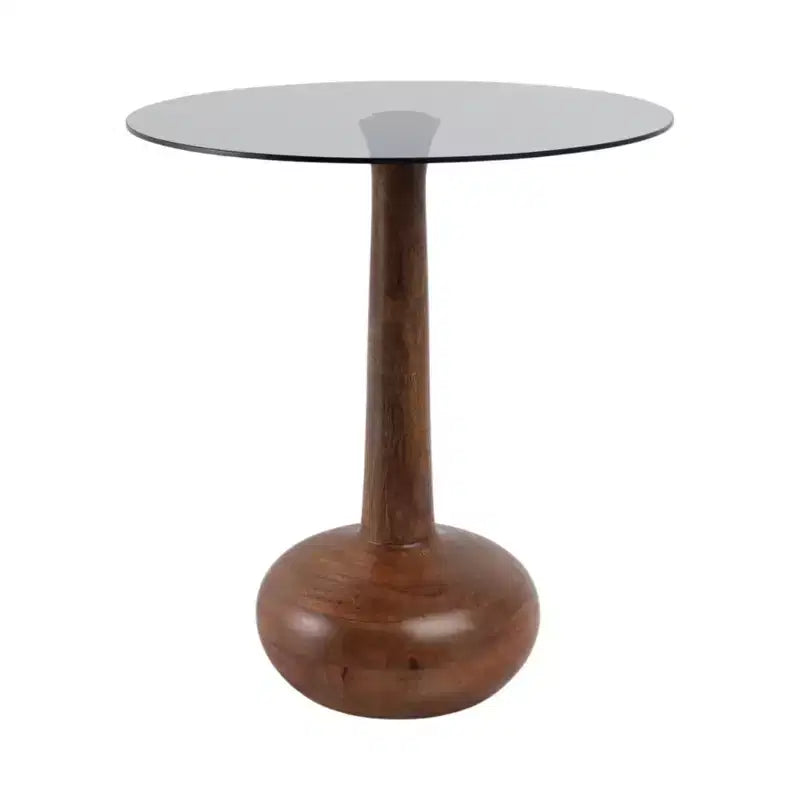 Table d'appoint élégante avec plateau en verre et piédestal en bois pour le salon - Table d'appoint étroite sculpturale pour l'entrée - 21, Brun et transparent