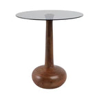 Table d'appoint élégante avec plateau en verre et piédestal en bois pour le salon - Table d'appoint étroite sculpturale pour l'entrée - 21, Brun et transparent