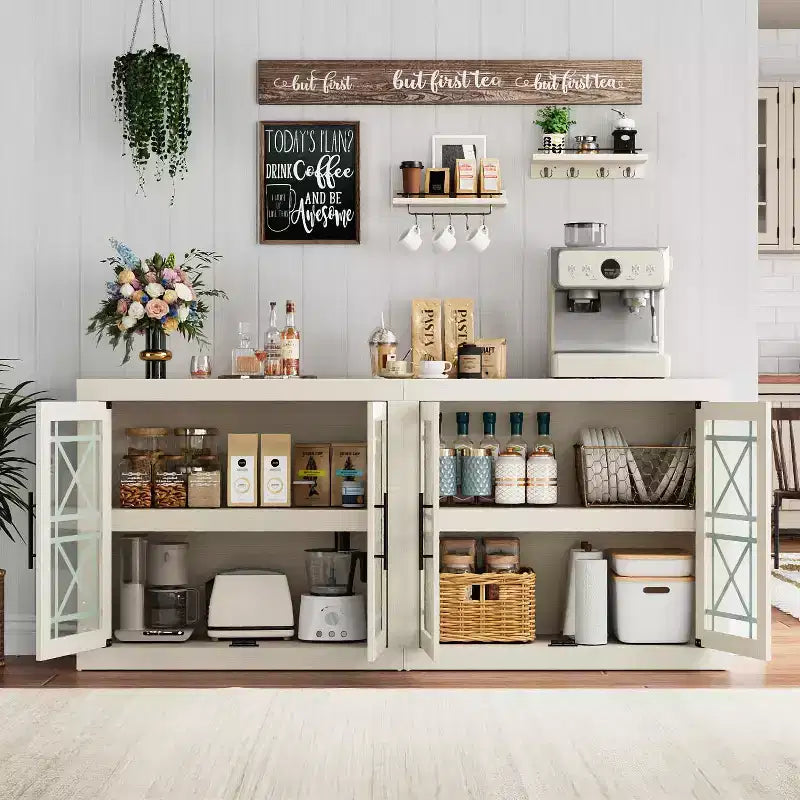 Meuble de rangement buffet avec 4 portes en verre à motif, buffet de bar à café moderne de 180 cm de large, meuble TV en bois pour cuisine, salle à manger, salon