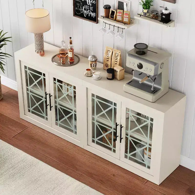 Meuble de rangement buffet avec 4 portes en verre à motif, buffet de bar à café moderne de 180 cm de large, meuble TV en bois pour cuisine, salle à manger, salon