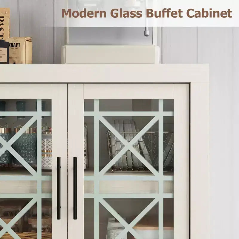 Meuble de rangement buffet avec 4 portes en verre à motif, buffet de bar à café moderne de 180 cm de large, meuble TV en bois pour cuisine, salle à manger, salon