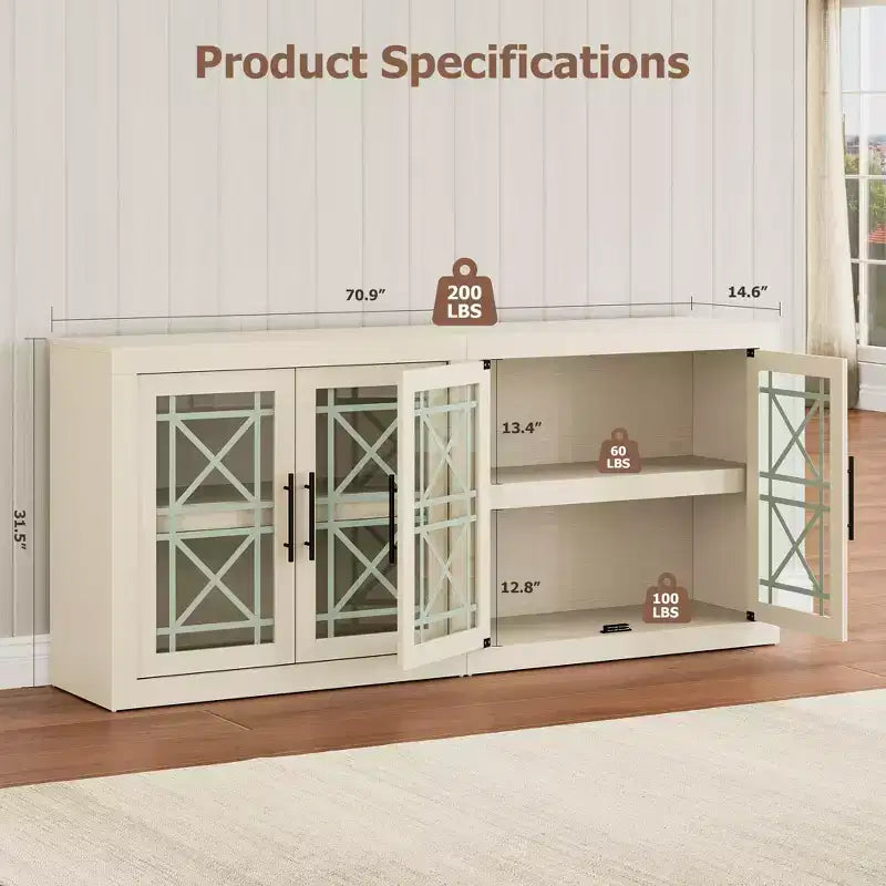 Meuble de rangement buffet avec 4 portes en verre à motif, buffet de bar à café moderne de 180 cm de large, meuble TV en bois pour cuisine, salle à manger, salon