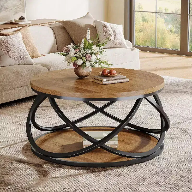 Table basse ronde Lantine à 2 niveaux, table de salon circulaire de 80 cm, table de salon en bois avec étagère de rangement pour petits espaces