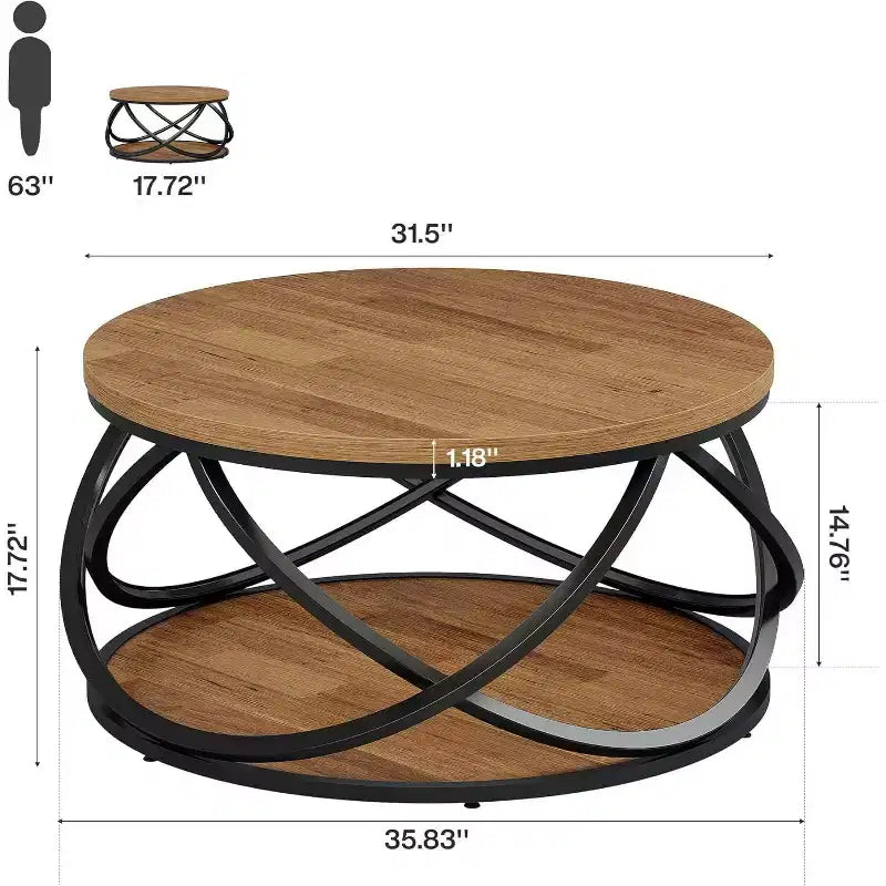 Table basse ronde Lantine à 2 niveaux, table de salon circulaire de 80 cm, table de salon en bois avec étagère de rangement pour petits espaces