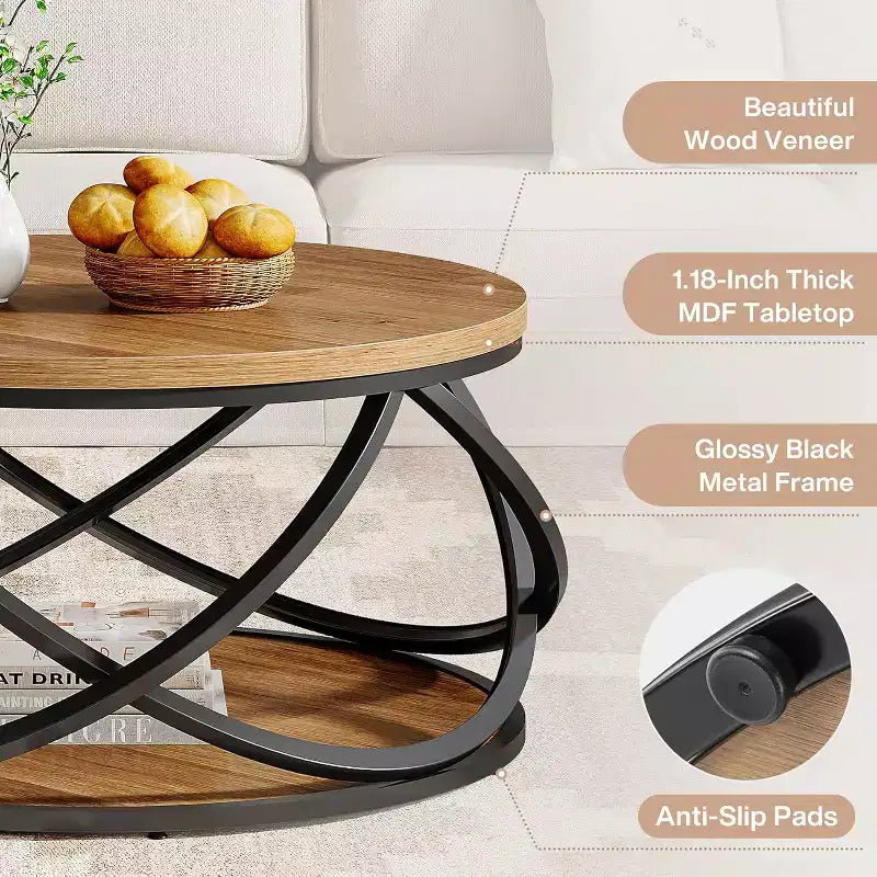 Table basse ronde Lantine à 2 niveaux, table de salon circulaire de 80 cm, table de salon en bois avec étagère de rangement pour petits espaces