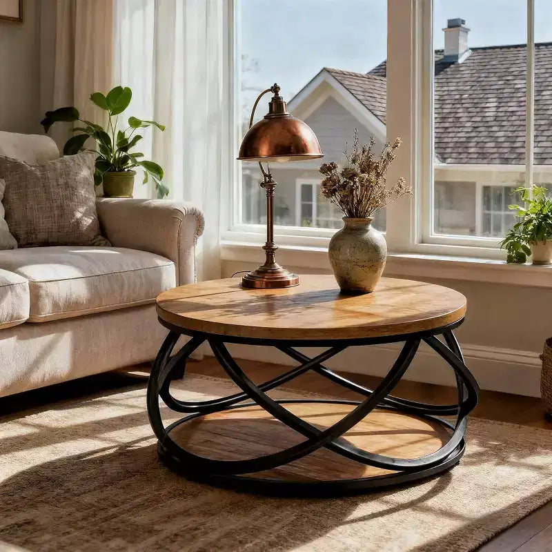 Table basse ronde Lantine à 2 niveaux, table de salon circulaire de 80 cm, table de salon en bois avec étagère de rangement pour petits espaces