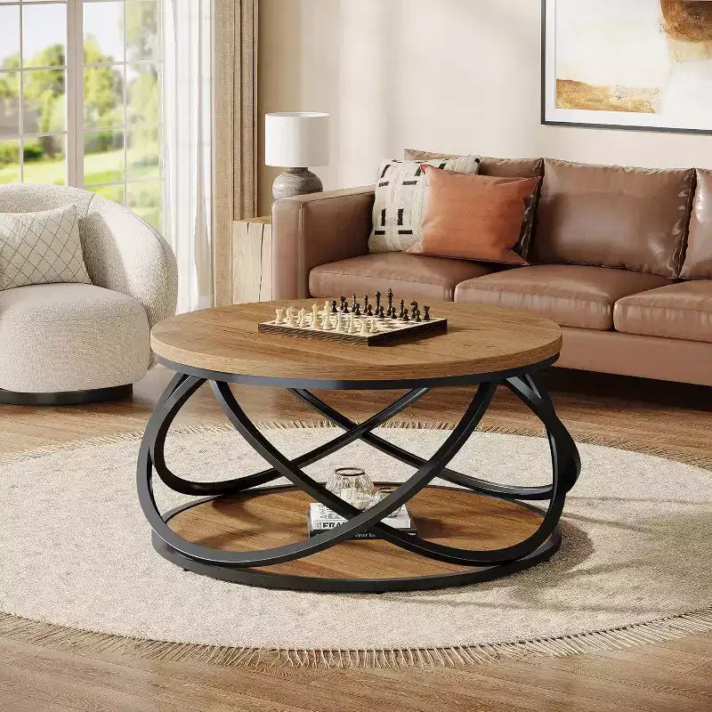Table basse ronde Lantine à 2 niveaux, table de salon circulaire de 80 cm, table de salon en bois avec étagère de rangement pour petits espaces