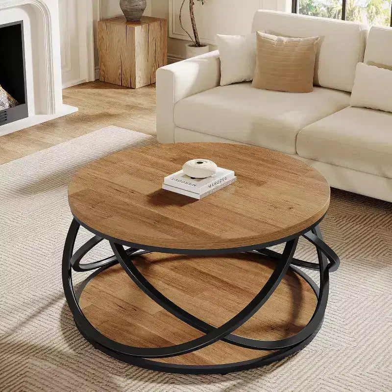 Table basse ronde Lantine à 2 niveaux, table de salon circulaire de 80 cm, table de salon en bois avec étagère de rangement pour petits espaces