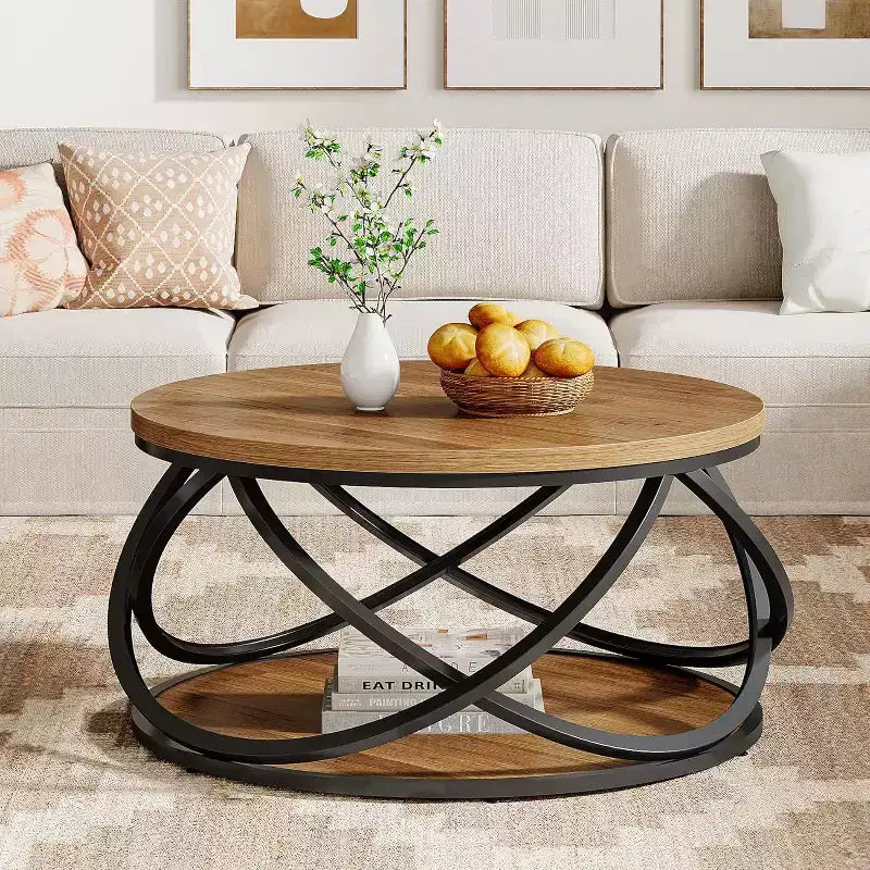 Table basse ronde Lantine à 2 niveaux, table de salon circulaire de 80 cm, table de salon en bois avec étagère de rangement pour petits espaces
