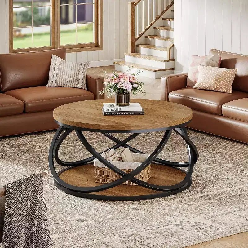Table basse ronde Lantine à 2 niveaux, table de salon circulaire de 80 cm, table de salon en bois avec étagère de rangement pour petits espaces