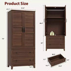 Armoire en bois de 72 po avec tablettes réglables, 2 portes, 2 tiroirs, tringles en aluminium, supports de sécurité anti-basculement, charnières silencieuses, assemblage facile