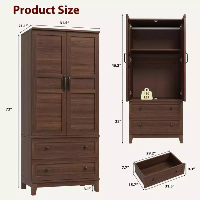 Armoire en bois de 72 po avec tablettes réglables, 2 portes, 2 tiroirs, tringles en aluminium, supports de sécurité anti-basculement, charnières silencieuses, assemblage facile