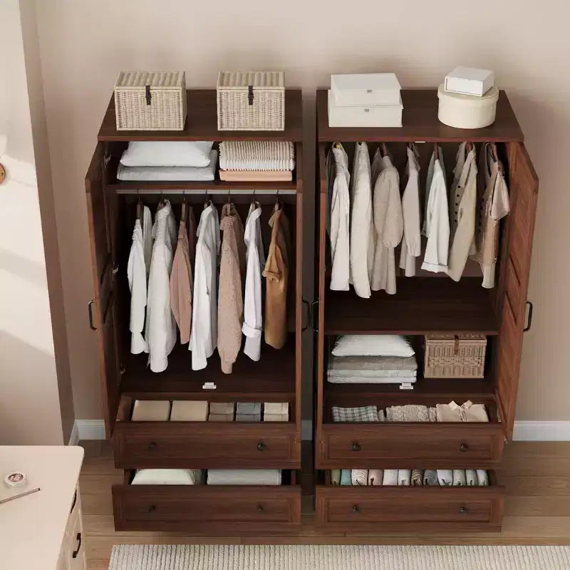 Armoire en bois de 72 po avec tablettes réglables, 2 portes, 2 tiroirs, tringles en aluminium, supports de sécurité anti-basculement, charnières silencieuses, assemblage facile