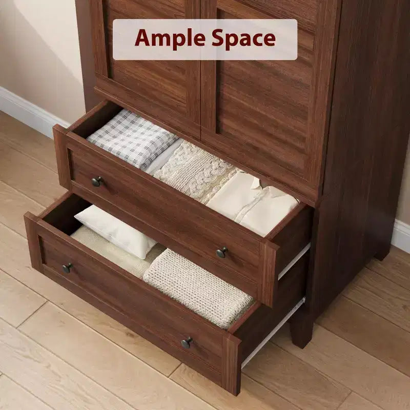 Armoire en bois de 72 po avec tablettes réglables, 2 portes, 2 tiroirs, tringles en aluminium, supports de sécurité anti-basculement, charnières silencieuses, assemblage facile