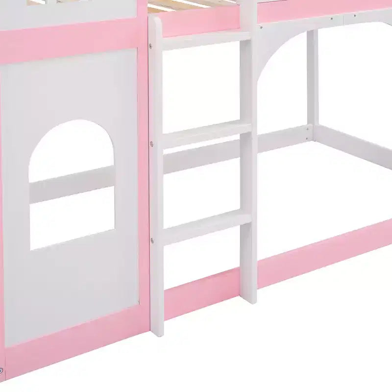 Lit superposé château jumeau sur jumeau avec échelle, lit superposé princesse en bois de pin massif, rose