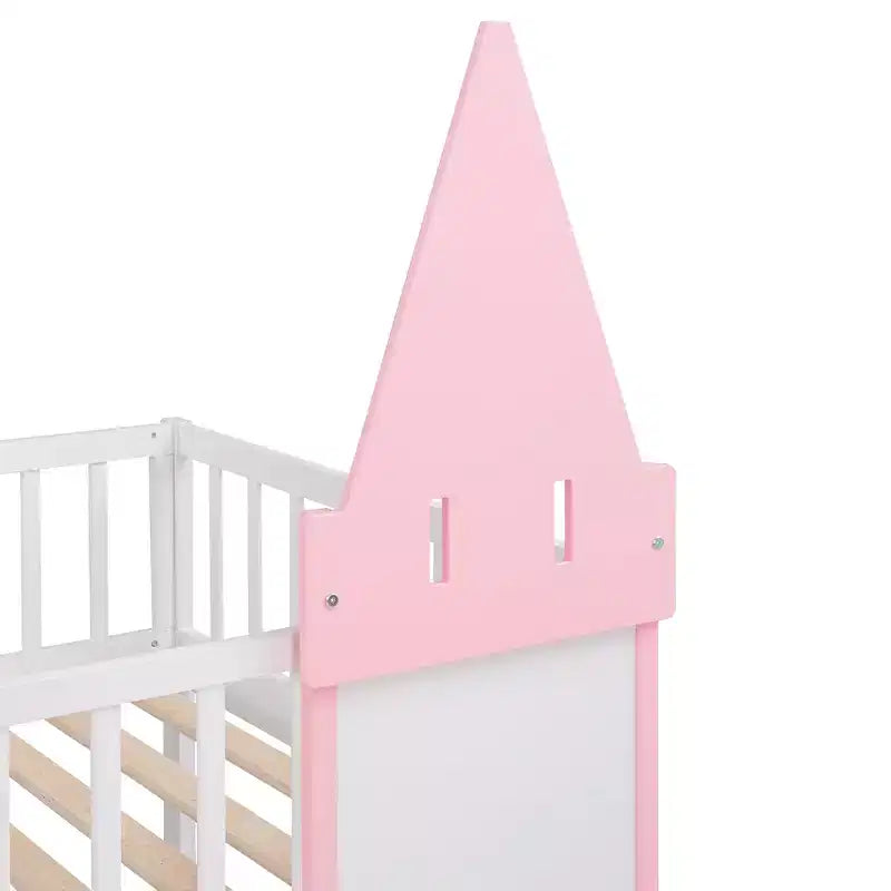 Lit superposé château jumeau sur jumeau avec échelle, lit superposé princesse en bois de pin massif, rose