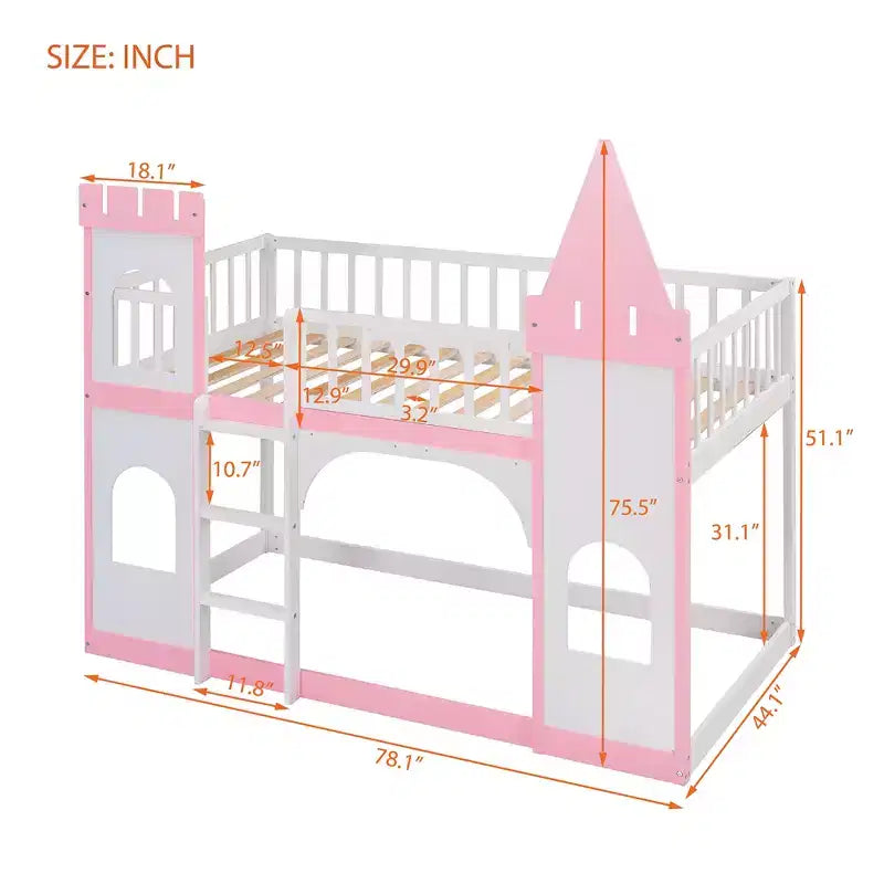 Lit superposé château jumeau sur jumeau avec échelle, lit superposé princesse en bois de pin massif, rose