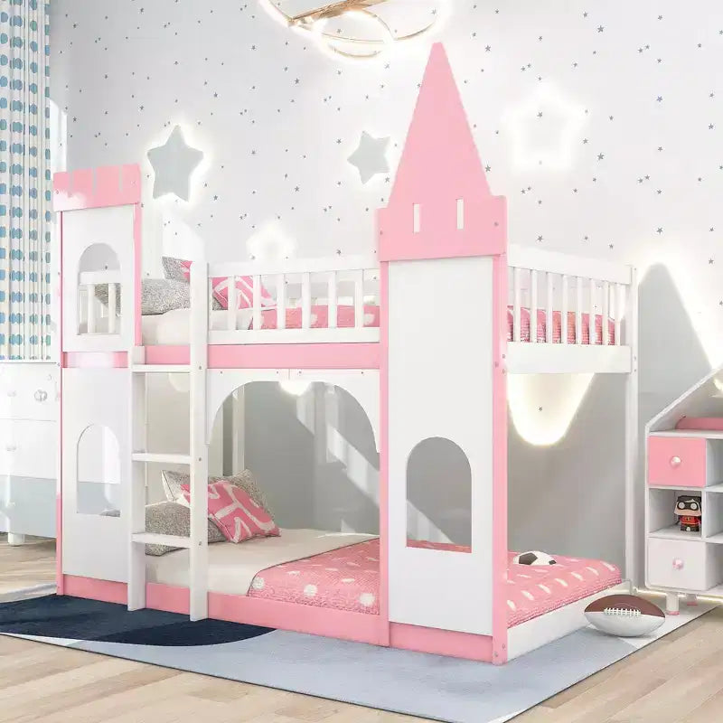 Lit superposé château jumeau sur jumeau avec échelle, lit superposé princesse en bois de pin massif, rose