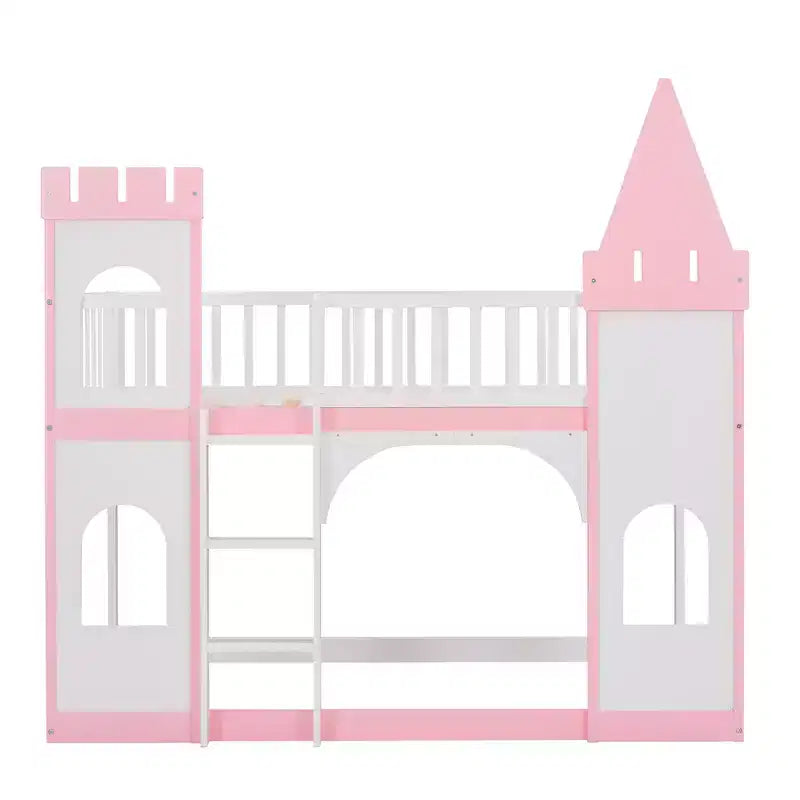 Lit superposé château jumeau sur jumeau avec échelle, lit superposé princesse en bois de pin massif, rose