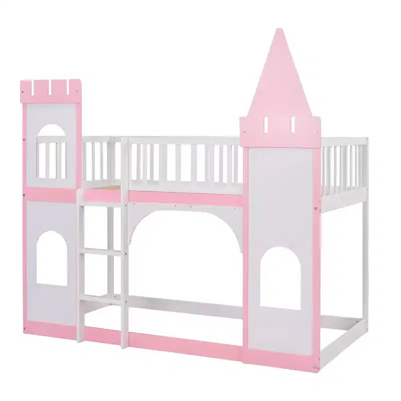 Lit superposé château jumeau sur jumeau avec échelle, lit superposé princesse en bois de pin massif, rose