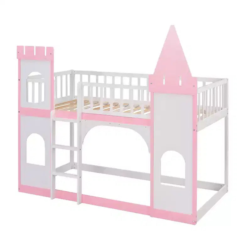 Lit superposé château jumeau sur jumeau avec échelle, lit superposé princesse en bois de pin massif, rose