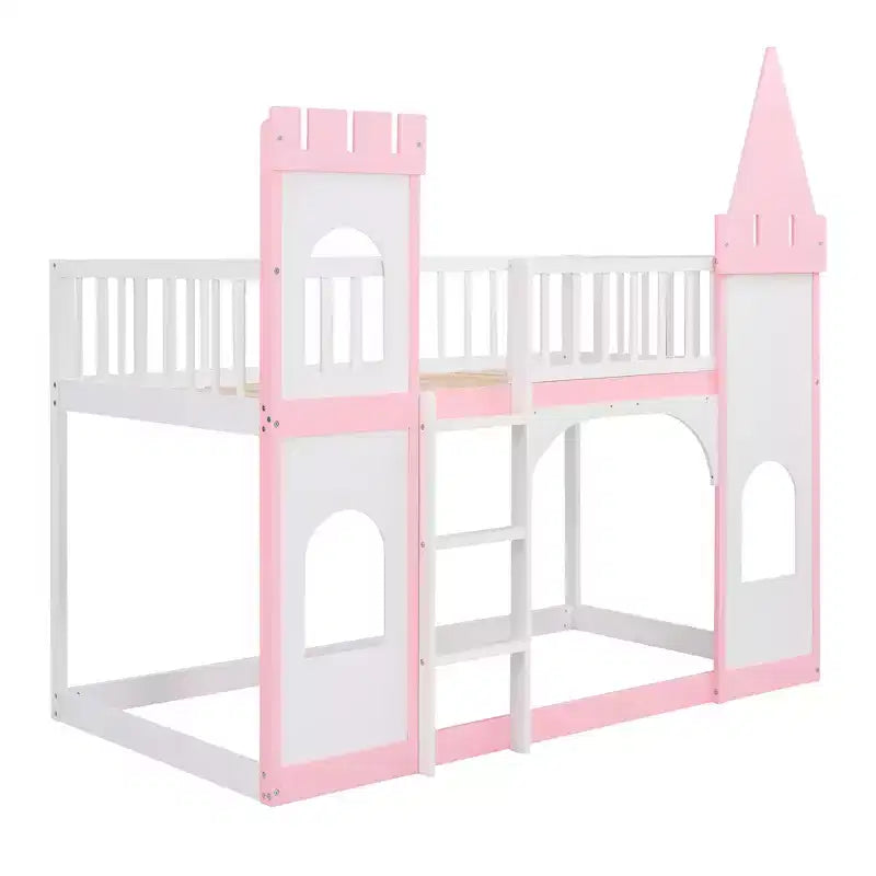 Lit superposé château jumeau sur jumeau avec échelle, lit superposé princesse en bois de pin massif, rose