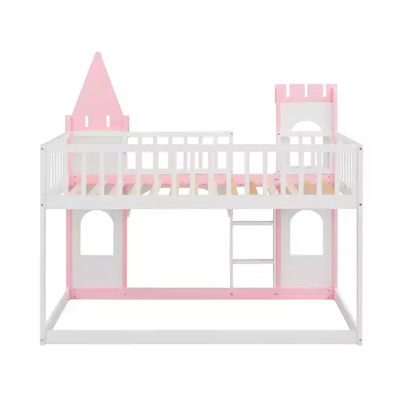 Lit superposé château jumeau sur jumeau avec échelle, lit superposé princesse en bois de pin massif, rose