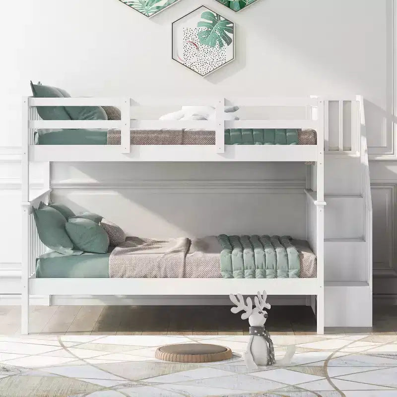 Lits superposés doubles avec escalier, Lit superposé double en bois avec escalier de rangement et garde-corps pour dortoir