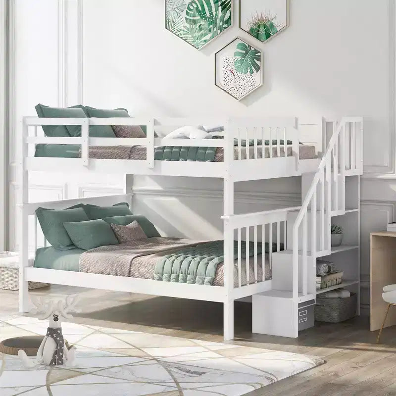 Lits superposés doubles avec escalier, Lit superposé double en bois avec escalier de rangement et garde-corps pour dortoir