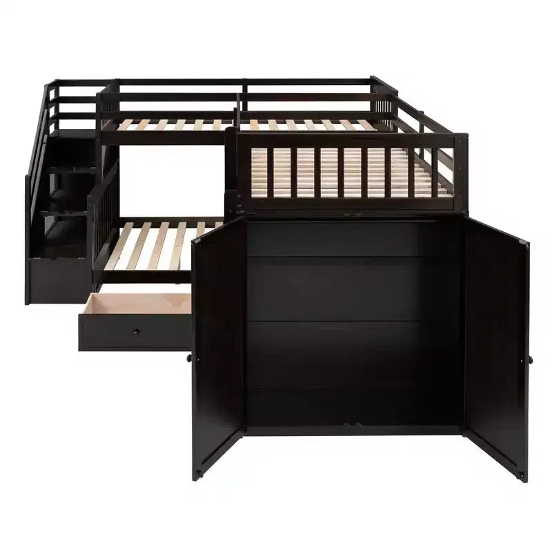 Lit superposé en L double au-dessus de complet avec armoire, escalier en bois massif et bureau portable