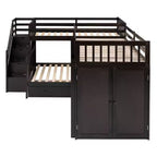 Lit superposé en L double au-dessus de complet avec armoire, escalier en bois massif et bureau portable
