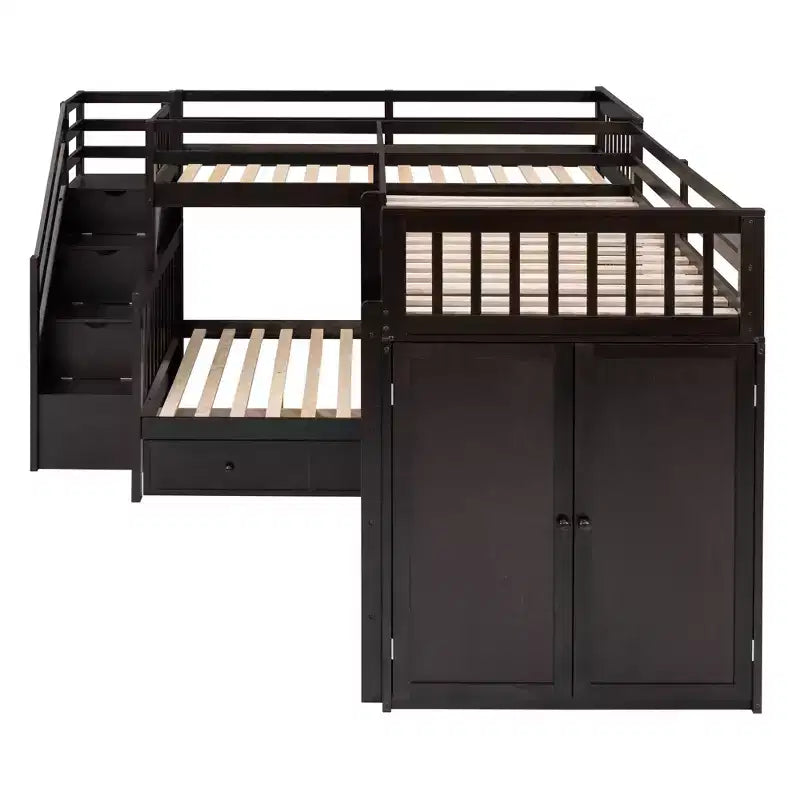 Lit superposé en L double au-dessus de complet avec armoire, escalier en bois massif et bureau portable