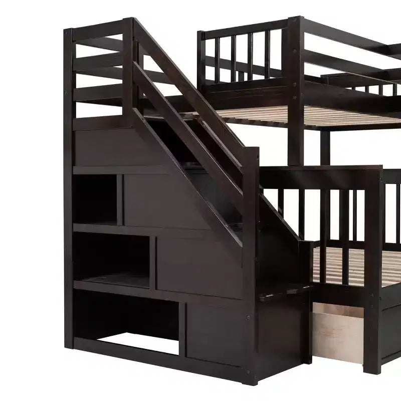 Lit superposé en L double au-dessus de complet avec armoire, escalier en bois massif et bureau portable